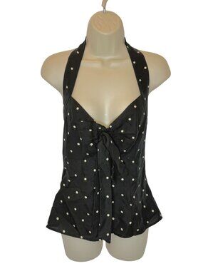LPA Romi Halter Top Revolve Black Cream Polka Dot Knot Front Backless Peplum NWT